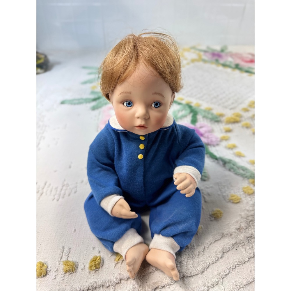 Dianna Effner Signed Porcelain Baby Doll Blue Eyes Red Hair Blue Romper 9 inch